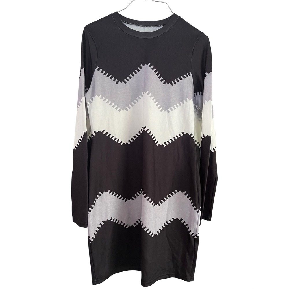 Unbranded Black Grey White Chevron Zig Zag Long Sleeve T-Shirt Dress Womens M
